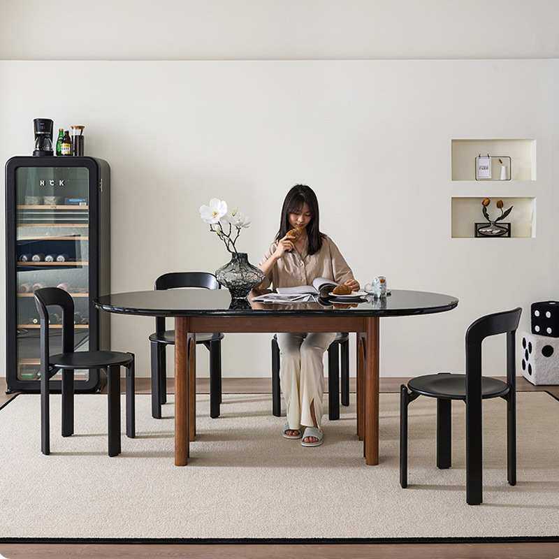 LDAD复古侘寂风实木餐桌椭圆形小户型家用胡桃木色钢化玻璃饭桌子,淘宝优惠券,粉丝福利购,淘宝优惠卷