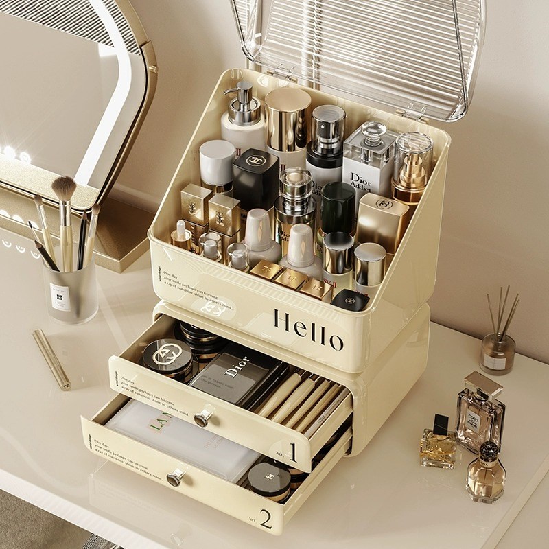 ins奶油风化妆品收纳盒桌面防B尘梳妆台护肤品口红置物架整理箱柜 - 图3