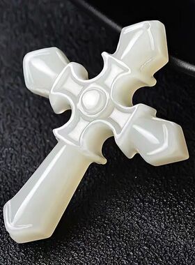 天然玉石新款白吊坠男女款项链挂件小挂坠玉石十字架玉挂件高档