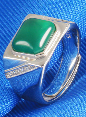 绿玛瑙戒指女925纯银祖母绿玉髓镶嵌指环复古开口宝石戒子送妈妈