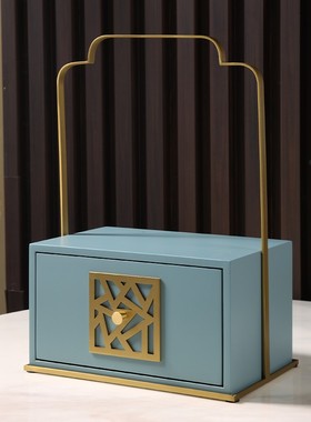 新中式样板间古铜提蓝摆件木质漆器储物收纳果茶盘果篓轻奢装饰品