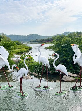 户外仿真仙鹤白鹭玻璃o钢雕塑摆件花园庭院水池造景园林景观装饰