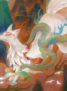 青丘九尾狐画像白色狐狸卷轴挂画胡家东北出马客S厅堂口供奉装饰