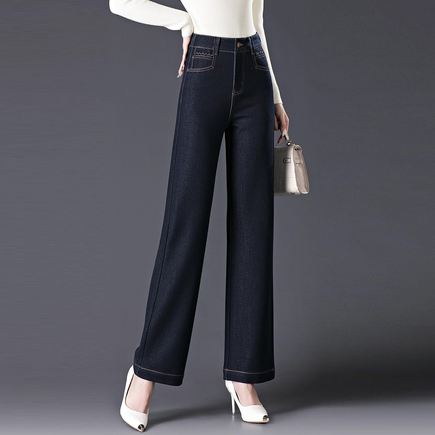时尚高腰直筒牛仔裤女士2025春秋新款宽松显瘦弹力复古窄版阔腿裤,淘宝优惠券,粉丝福利购,淘宝优惠卷