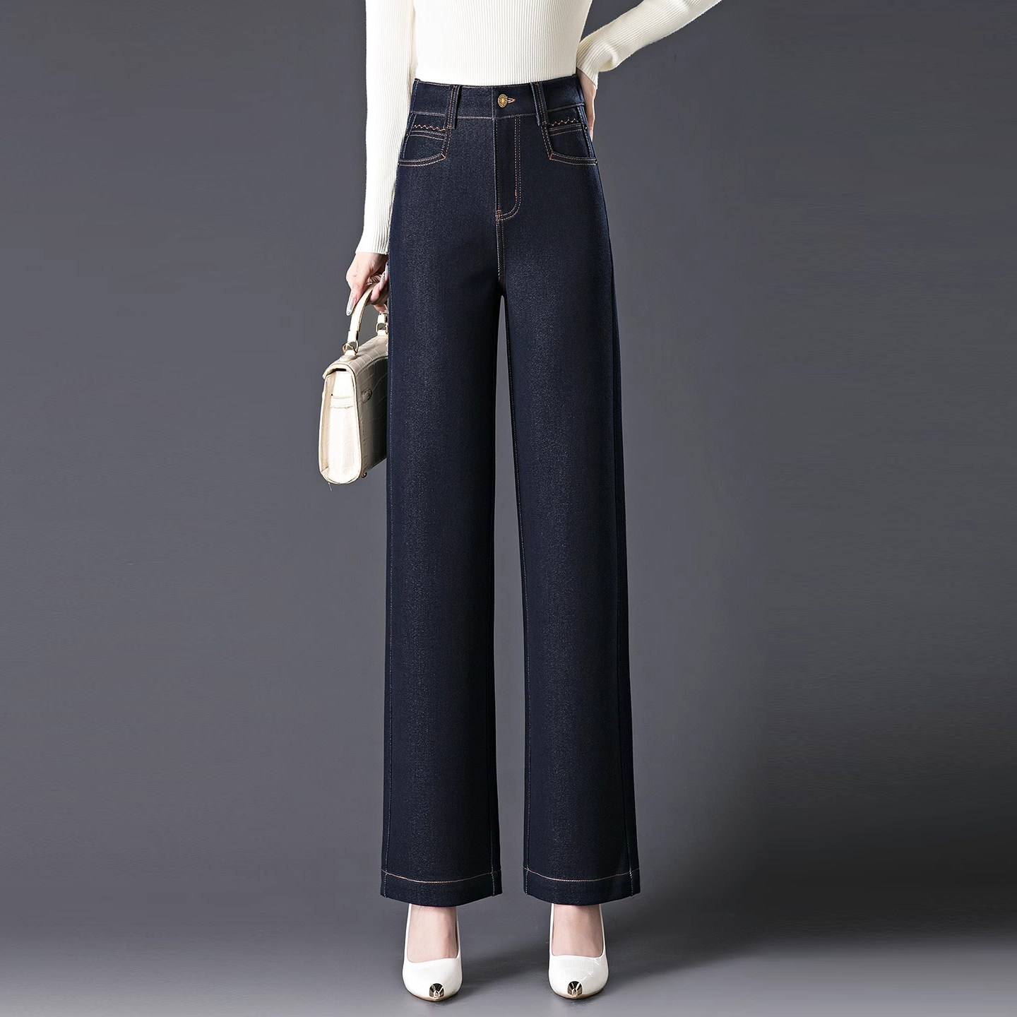 时尚高腰直筒牛仔裤女士2025春秋新款宽松显瘦弹力复古窄版阔腿裤,淘宝优惠券,粉丝福利购,淘宝优惠卷