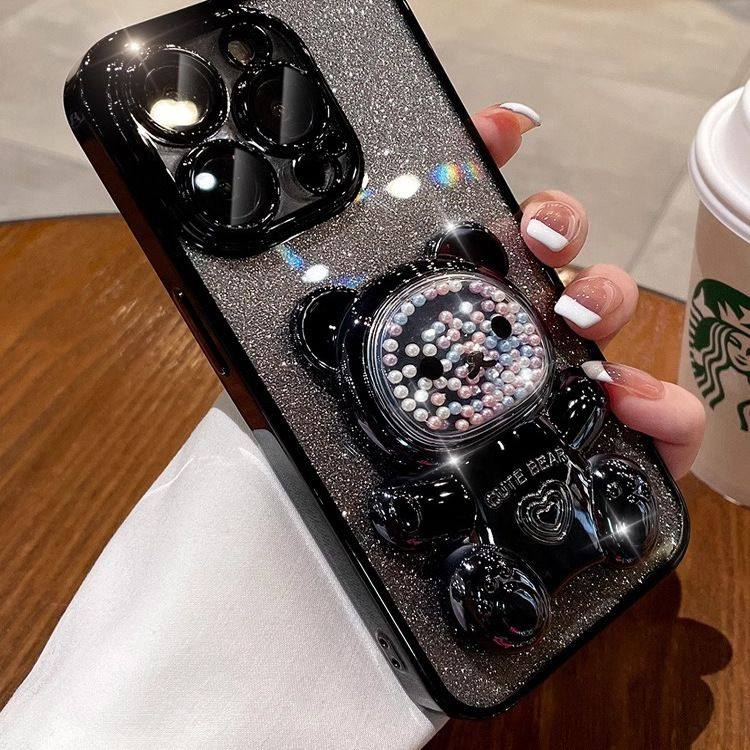 流沙爱心熊支架适用苹果16promax手机壳15pm电镀软壳14带镜头膜13,淘宝优惠券,粉丝福利购,淘宝优惠卷