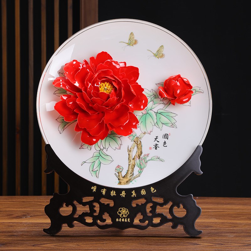 骨瓷手工手绘牡丹花挂盘摆件洛阳牡丹瓷客厅酒柜S电视柜博古架装 - 图1