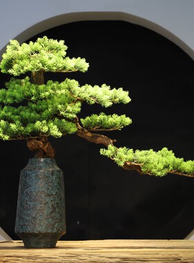 仿真迎客松盆景实木摆件客厅玄关家居样板房中式博古架.书房微景