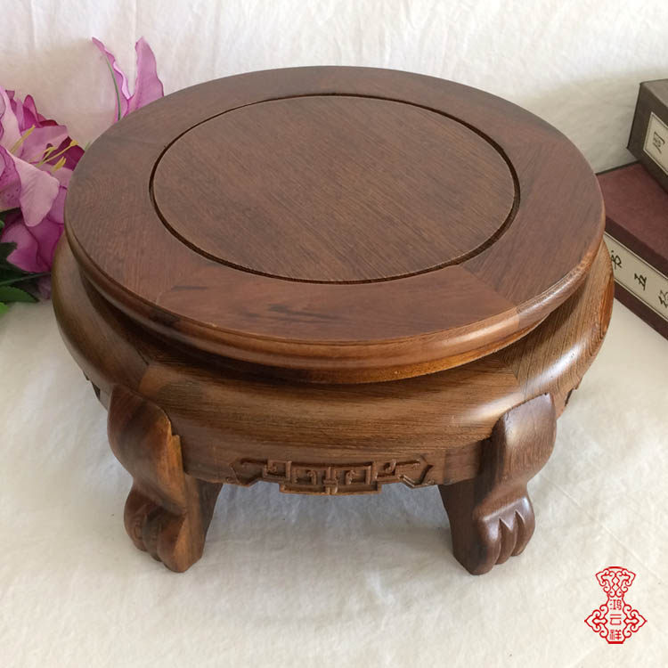 加厚实木鸡翅木雕花圆形茶缸酒坛木座花瓶鱼O缸花盆景摆件空调底