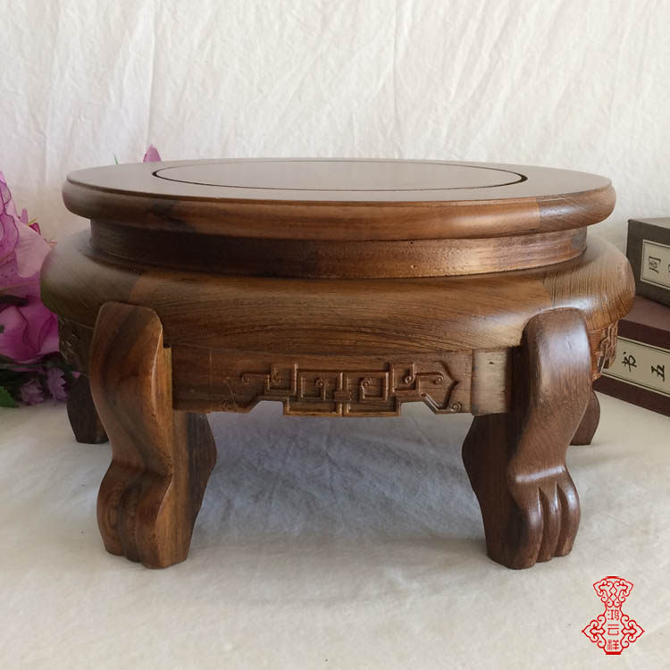 加厚实木鸡翅木雕花圆形茶缸酒坛木座花瓶鱼O缸花盆景摆件空调底