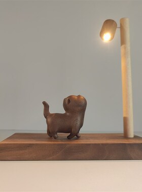 猫咪元素实木路灯傲娇木作工艺品礼E品桌面床头小夜灯礼物木质摆