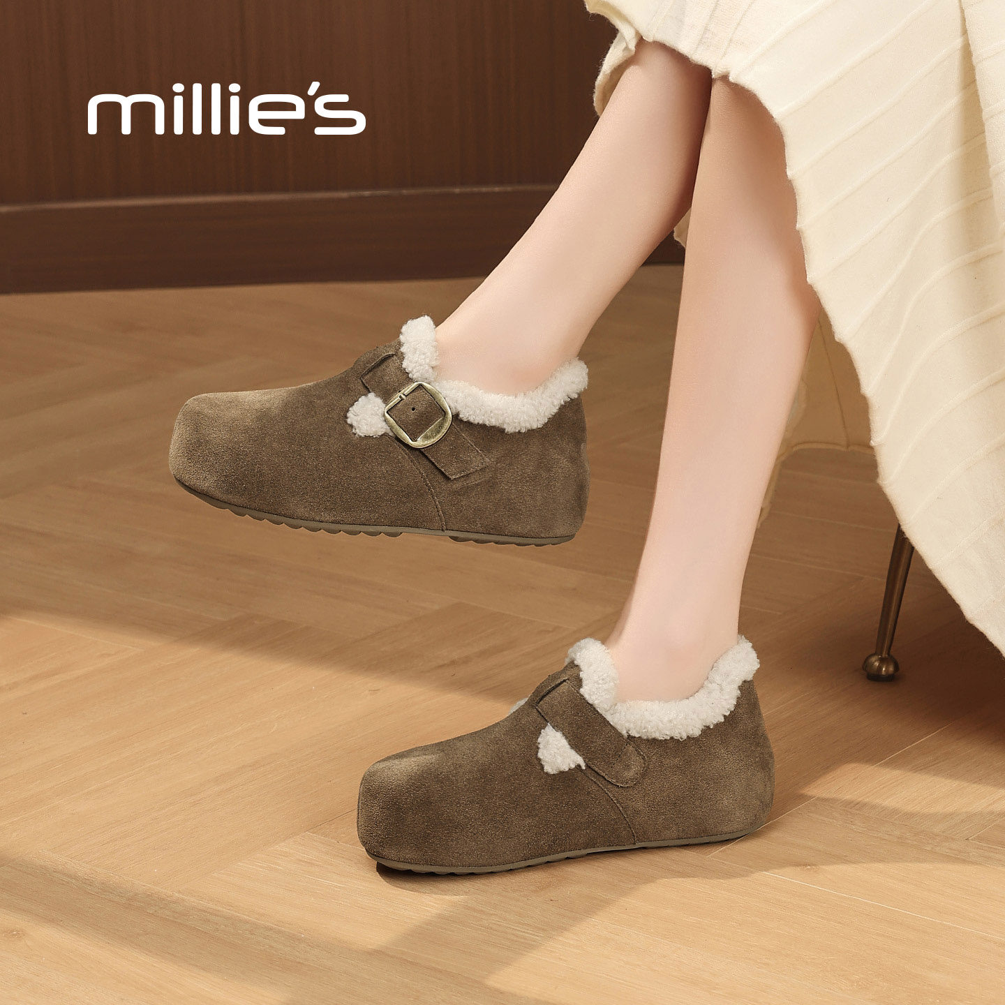 MILLIE'S/妙丽女鞋休闲毛毛鞋2025秋冬季新款加绒勃肯鞋保暖棉鞋,淘宝优惠券,粉丝福利购,淘宝优惠卷