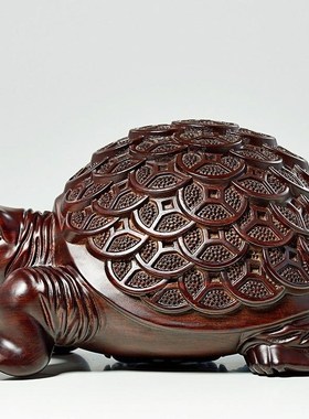 速发黑檀木雕厅金钱龟客厅摆件办公室桌面客刻家居摆饰红实木龟乌