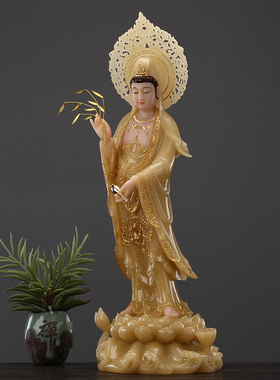 速发汉白玉西方三圣摆件黄玉镶金阿弥陀佛站像南海观音佛像大势至