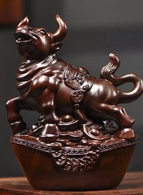 速发花梨木质红摆件办二生肖牛实木家居客厅电视柜十公装饰牛木工