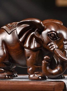 速发黑檀木雕大象摆件实木饰雕刻象对一红木家居玄关办公室装质工