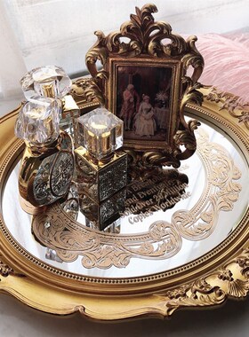 欧式复古镜面托盘鎏金印花轻奢托盘美容院精油护S肤收纳金色镜子