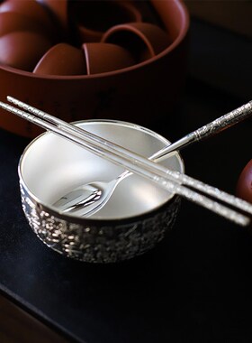 百福银碗三件套金属工艺品银筷子C银勺子年年有鱼银碗直播会销礼