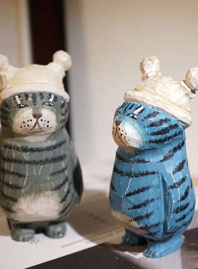 睡帽脏脏猫手工木雕小摆件可爱猫咪动物桌面摆放装饰品创意礼物