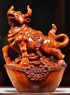 速发绿色木质牛木件居二生肖牛实摆家十客厅电视柜办公装饰红木工