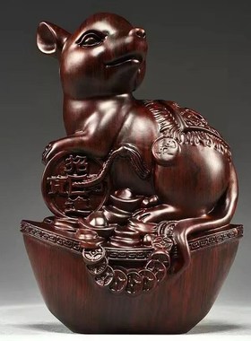 速发绿色木质老鼠摆件十二生肖客质鼠品刻家居木厅装饰红木工艺雕