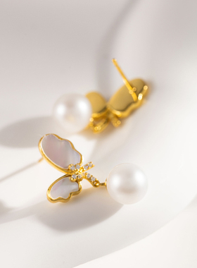 925银珍珠蝴蝶耳钉项链套装