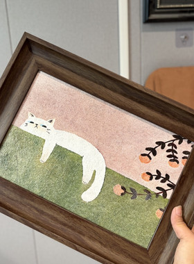 《悠闲午后》慵懒猫咪中古风高级感挂画砂岩装饰画餐厅装饰画