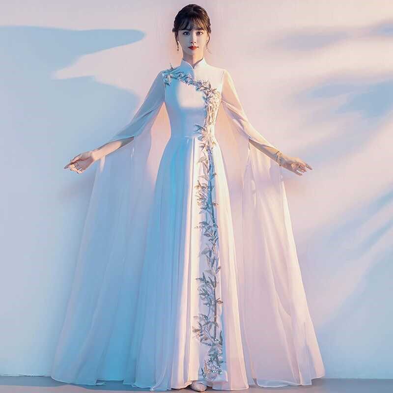 中国风古筝演出服女成人艺考演奏比赛礼服飘逸仙气长裙大合唱服装 - 图0