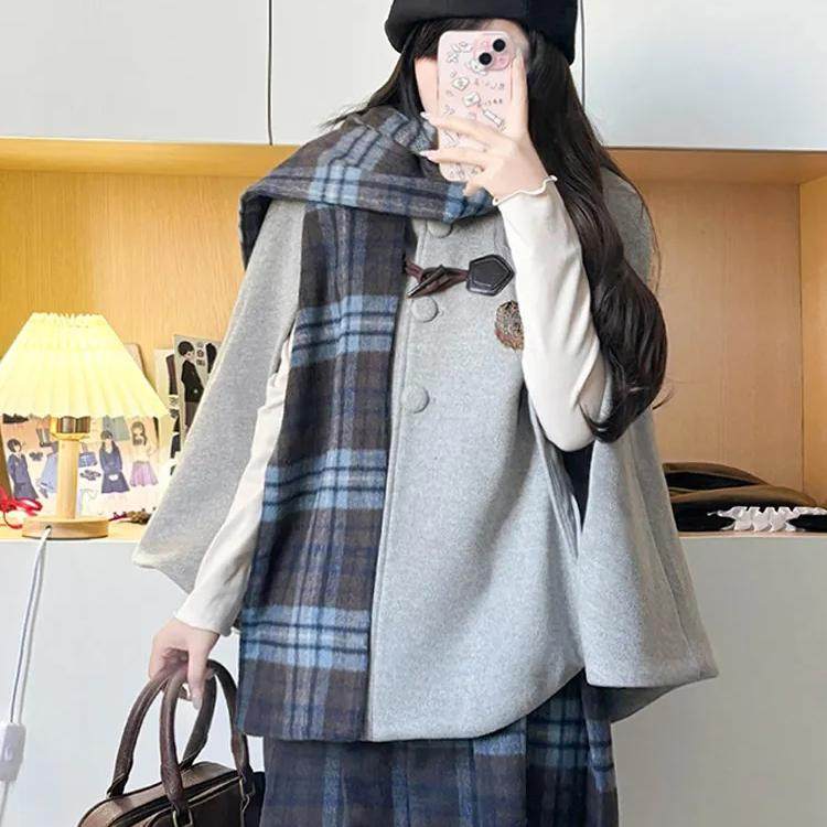 JK制服毛呢斗篷套装女秋冬2025新款时尚蓝格子披风围巾领毛呢外套,淘宝优惠券,粉丝福利购,淘宝优惠卷
