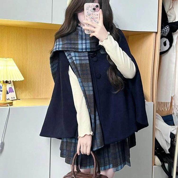 JK制服毛呢斗篷套装女秋冬2025新款时尚蓝格子披风围巾领毛呢外套,淘宝优惠券,粉丝福利购,淘宝优惠卷