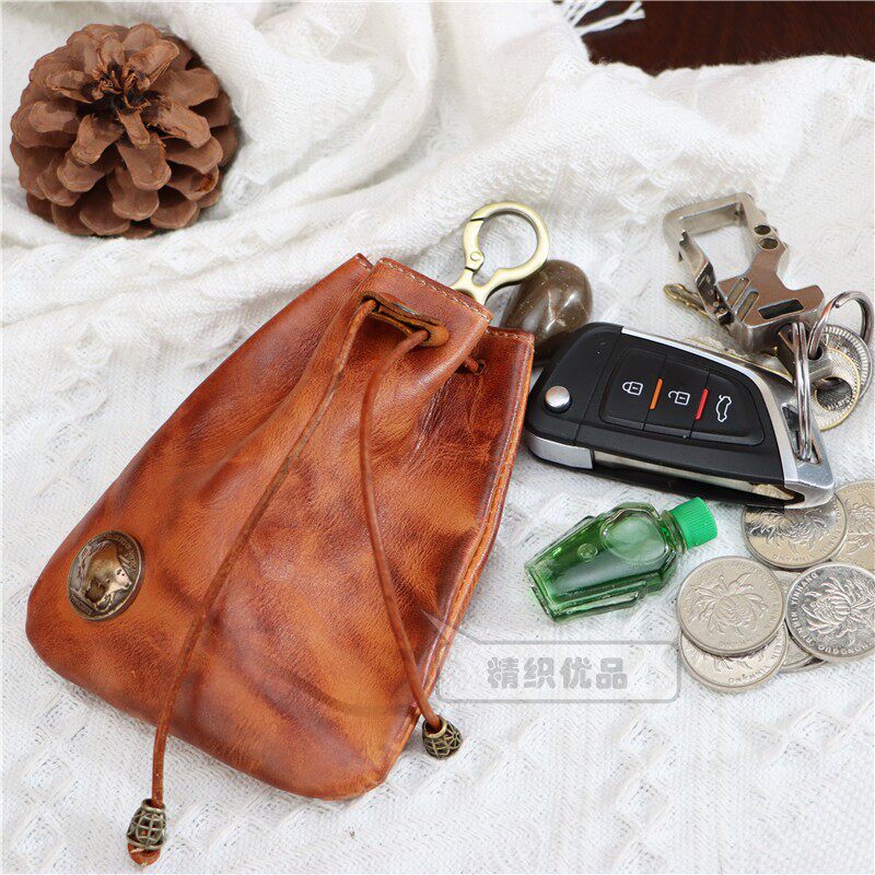 头层牛皮复古零钱包耳机钥匙包福袋碎银包挂腰包束口袋抽绳收纳包,淘宝优惠券,粉丝福利购,淘宝优惠卷