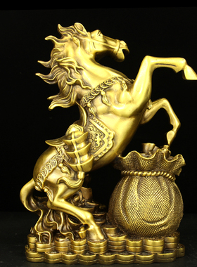 纯黄铜聚宝盆马摆件生r肖马风水招財马福袋马客厅办公室装饰品
