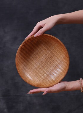 手工竹编篮子复古圆形零食点心水果干果盘M中式茶道零配件收纳竹