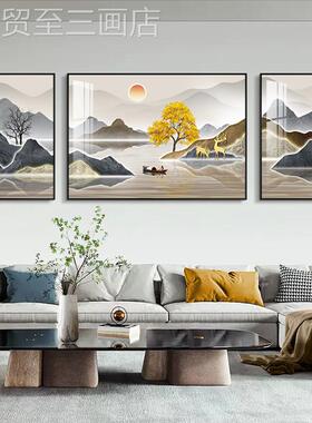 网红奢新挂式客厅装饰画中轻山墙水福鹿沙发背景画背有靠山三联画