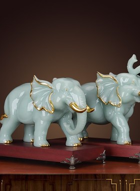 速发玉办大象摆件招财镇石吸水象一对宅公室桌装饰客厅酒柜家居工
