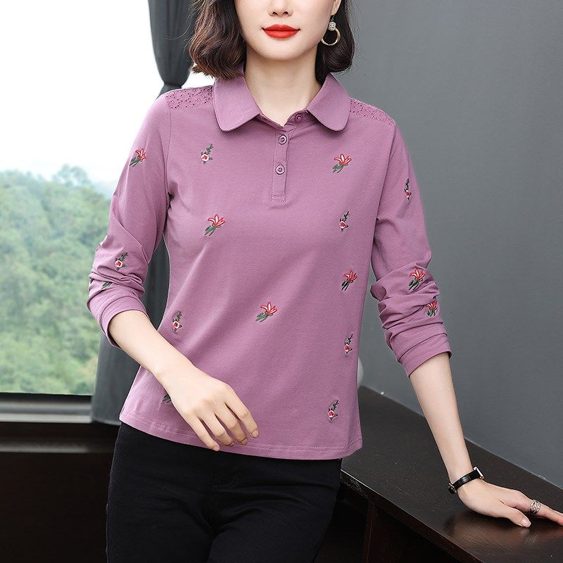 纯棉长袖t恤女2024春装新款气质大码polo衫中老年妈妈上衣打底衫,淘宝优惠券,粉丝福利购,淘宝优惠卷