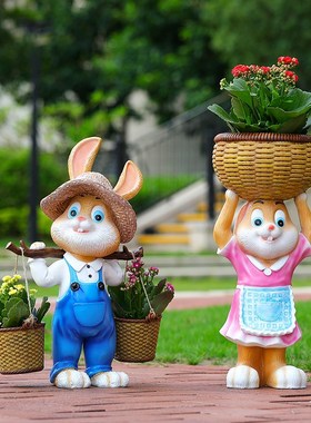 户外园林庭院可爱卡通兔子花盆玻璃钢雕塑幼儿园装饰摆件花园摆设