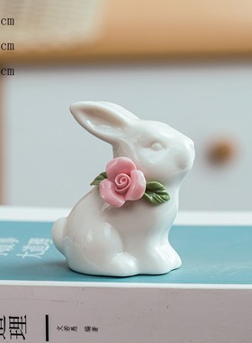 陶瓷手捏花月兔白瓷小兔子办公室摆件陶瓷摆件陶瓷可爱小玉兔一对