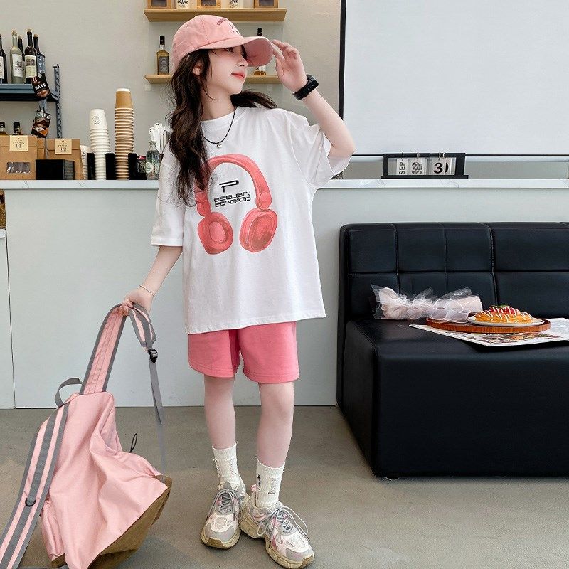 女童短袖套装夏季2024新款洋气女大童夏装T恤短裤儿童宽松t两件套,淘宝优惠券,粉丝福利购,淘宝优惠卷