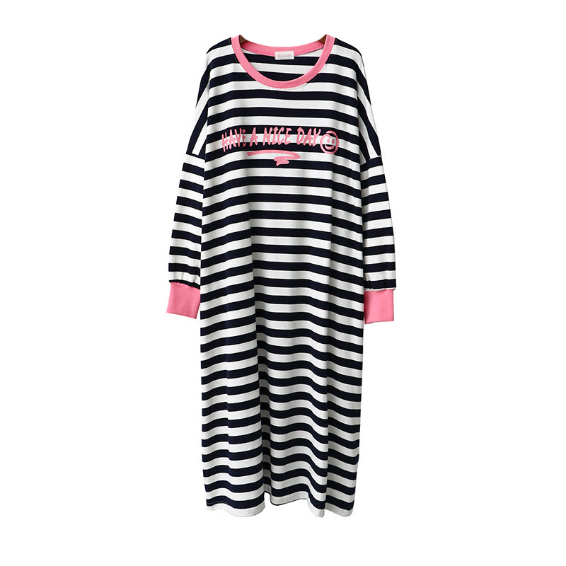 纯棉大码睡裙女秋 休闲全棉条纹长袖长裙大版胖MM春秋睡衣家居裙,淘宝优惠券,粉丝福利购,淘宝优惠卷