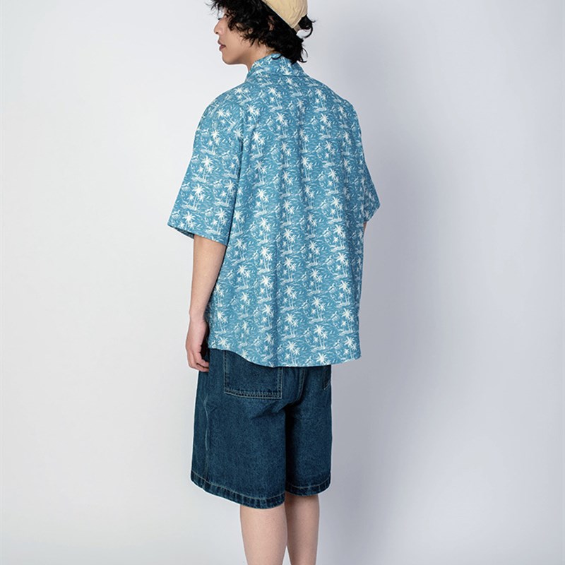 出差夏威夷23ss蔚蓝椰林短袖衬衫纯棉夏季度假海边衬衫男女复古 - 图1