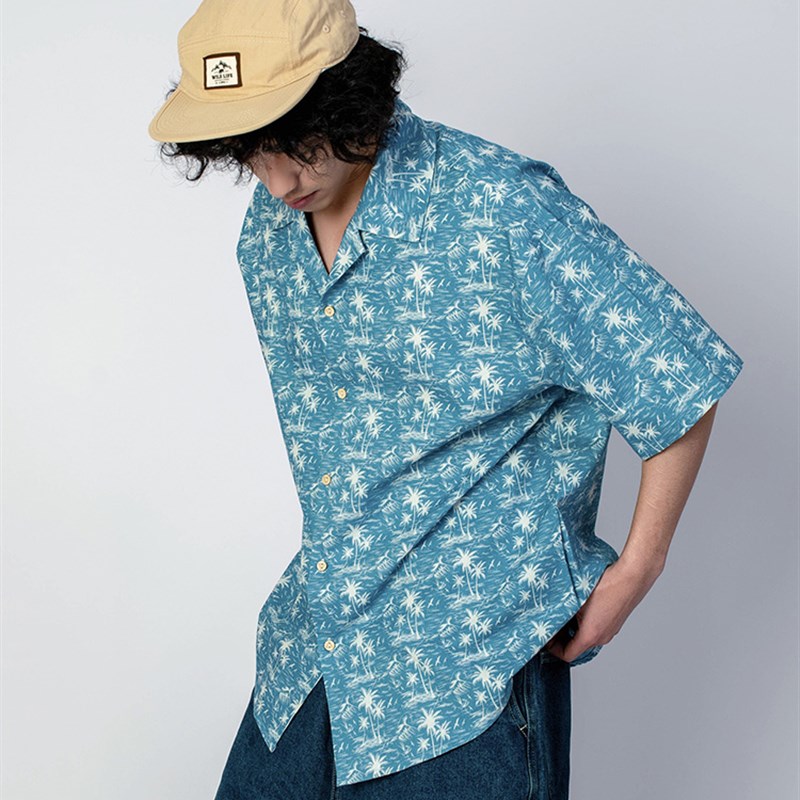 出差夏威夷23ss蔚蓝椰林短袖衬衫纯棉夏季度假海边衬衫男女复古 - 图0