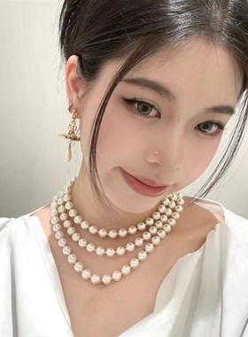 复古珍珠项链长款叠戴毛衣链搭配旗袍时尚气质多层锁骨链装饰配件