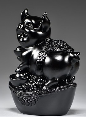 速发黑猪摆件柜木雕刻十二生实黑色猪客厅电视肖办公室补角装饰工