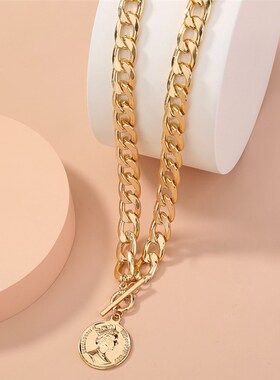 极速欧美跨境 质感粗链条嘻哈夸张复古圆形人像吊牌T扣锁骨链项链
