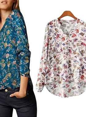 极速HOT SALES!!!!!! Women Casual Long Sleeve V-neck Floral P