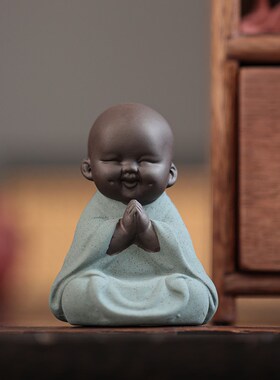 创意紫砂弥勒笑佛小摆件中式禅意茶室桌面摆设花盆鱼缸造景装饰品