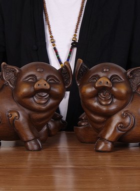 速发木品猪摆件一对 招财生肖酒创意实木工艺雕 可爱客厅猪柜装饰