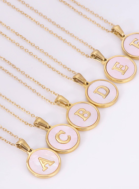 Insk round pink shell stainless steel letter pendant titani