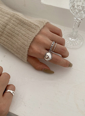 韩国东大门光面爱心链条银戒指女食指s时尚个性百搭复古ins戒指